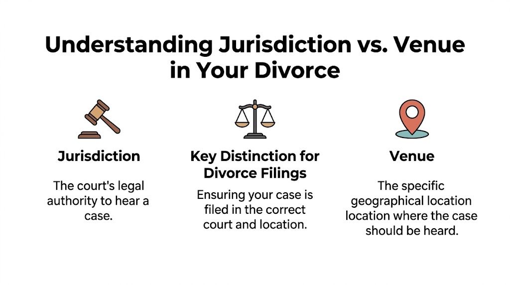 A visual explanation of the difference between legal jurisdiction and venue for divorce court proceedings.