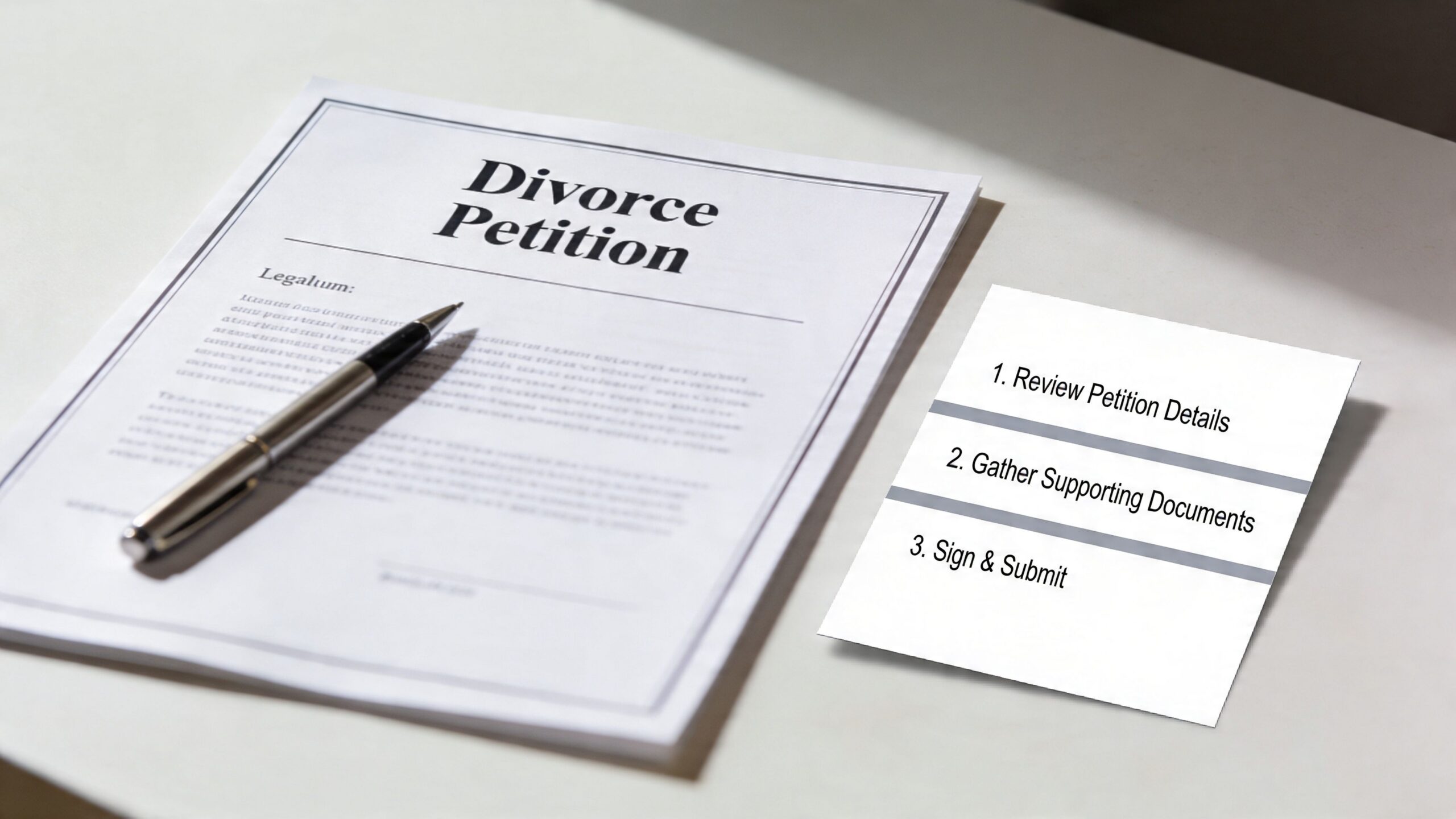 A divorce petition document with a pen resting on top and a checklist of required steps.
