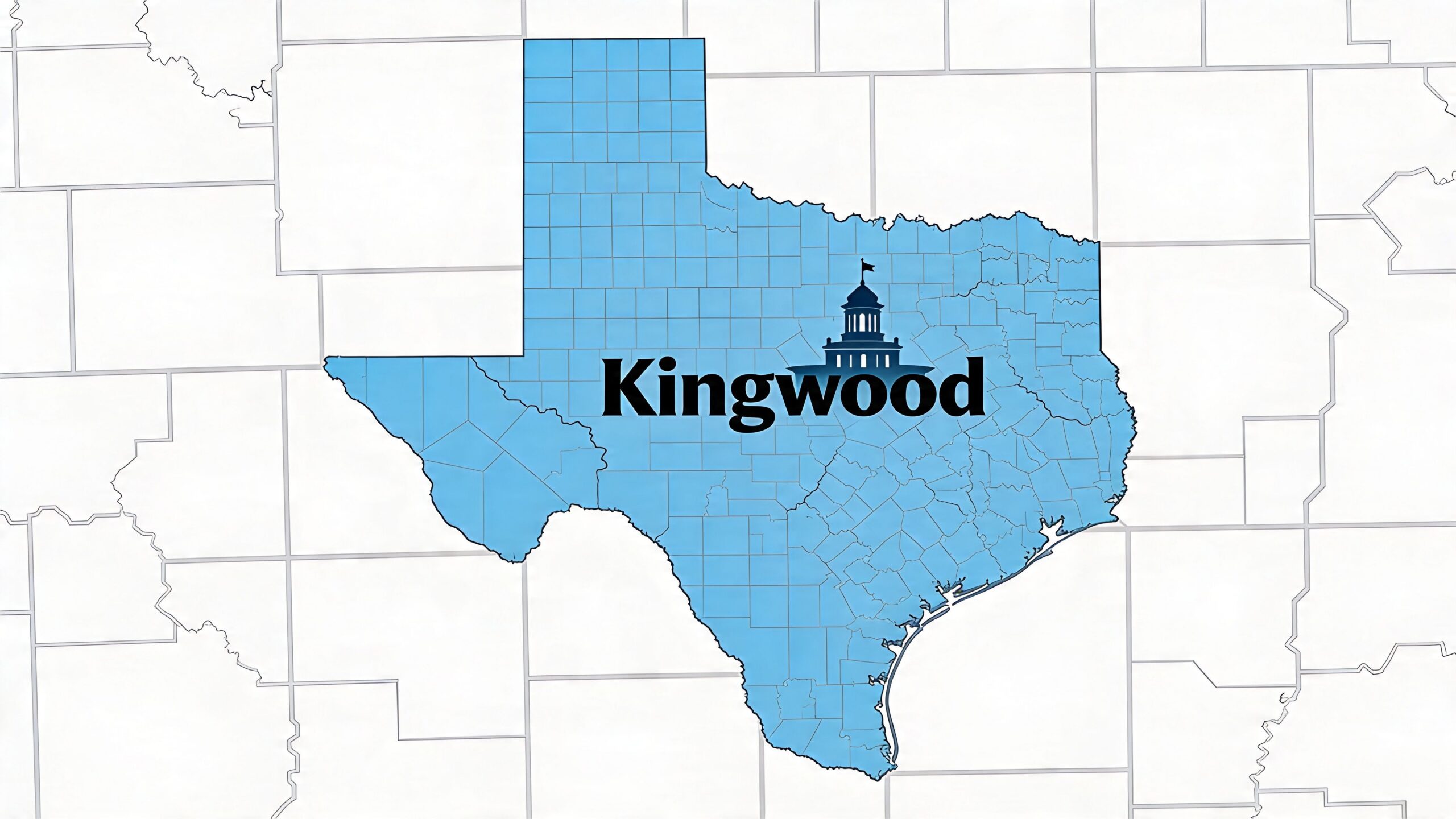 A map of Texas featuring the location name Kingwood overlaid with a government building icon.