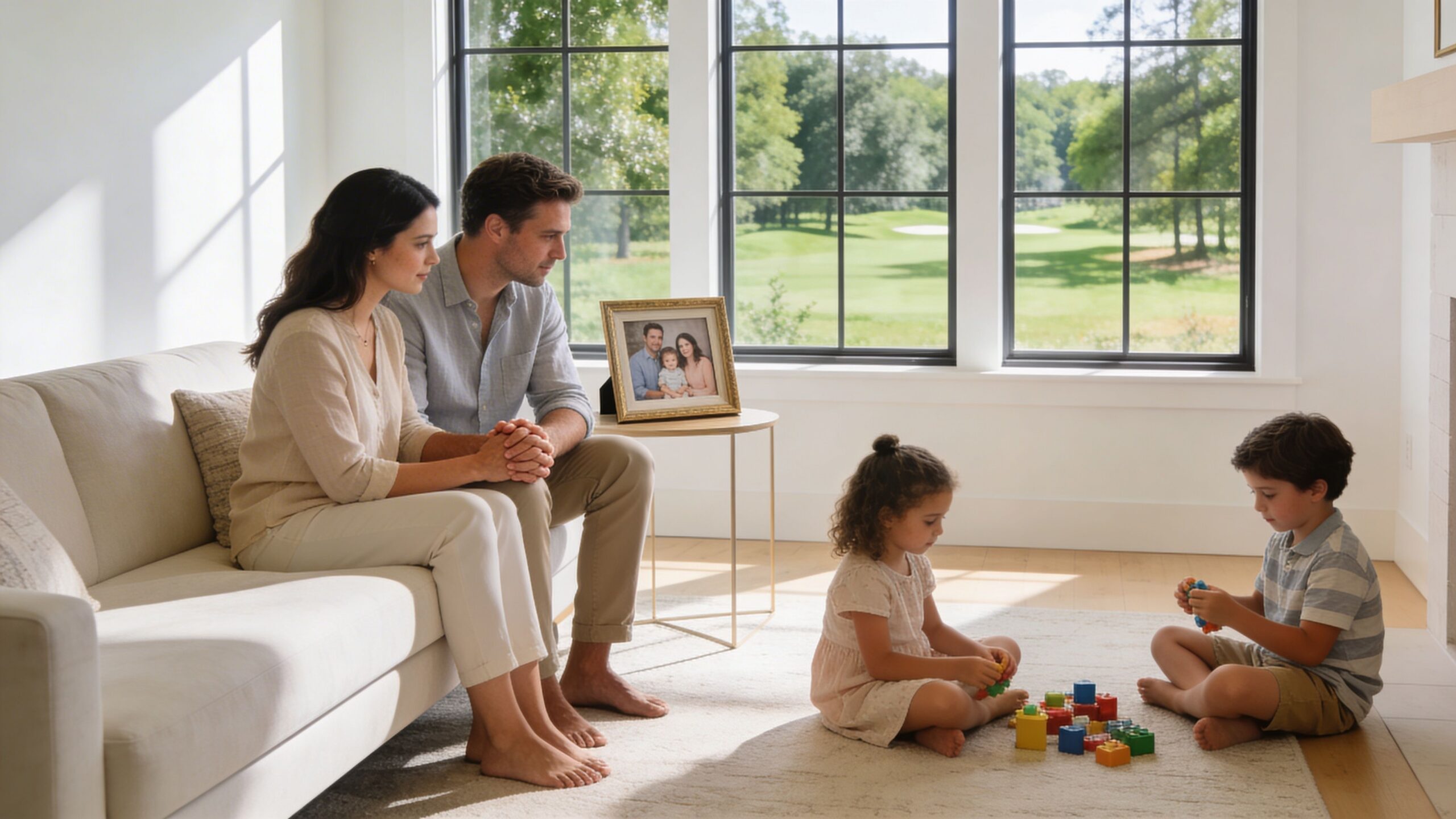 A family sits in a bright living room, reflecting on a framed portrait while children play together.