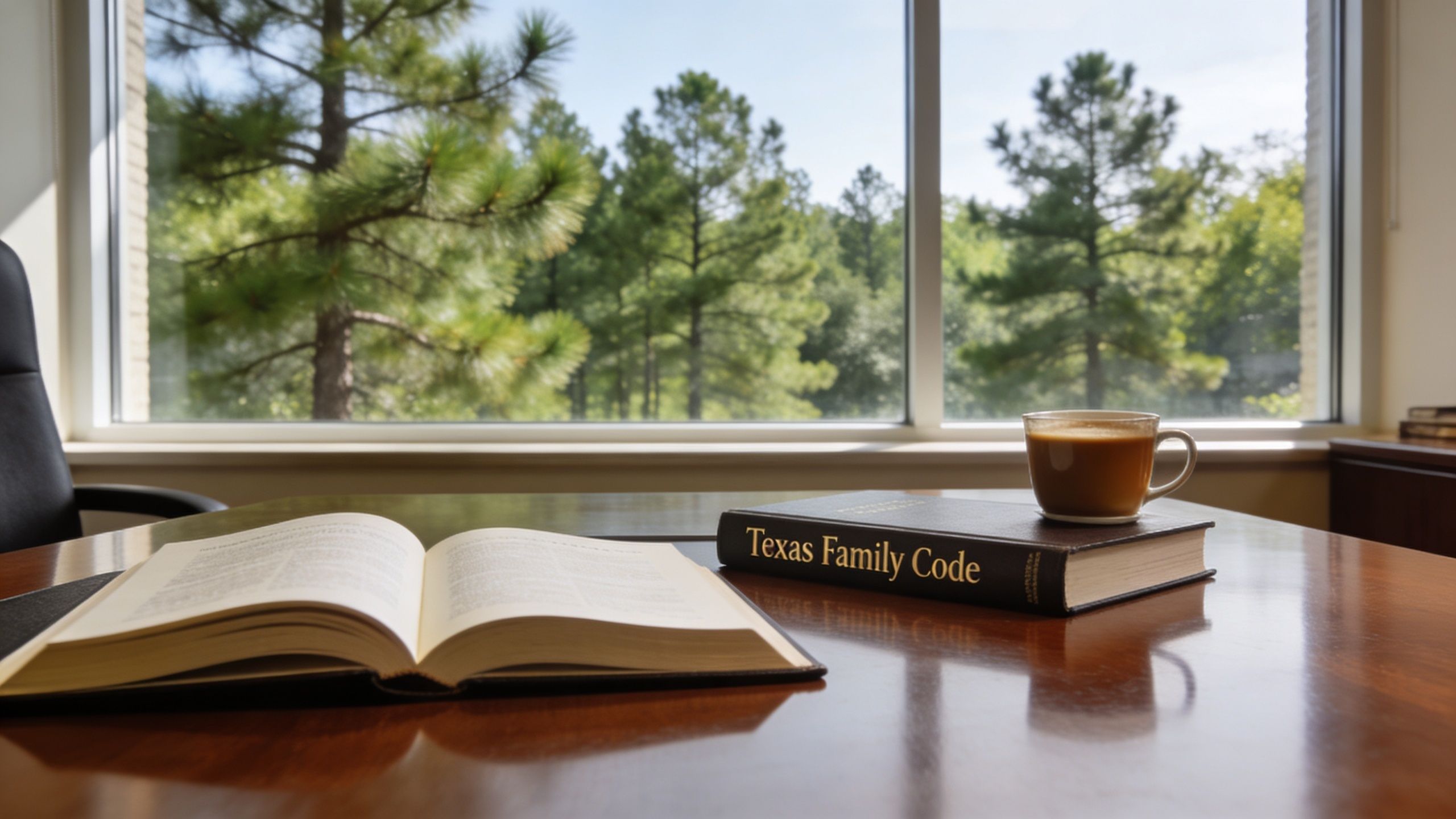 An open legal book and a cup of coffee on a wooden desk near a large window.