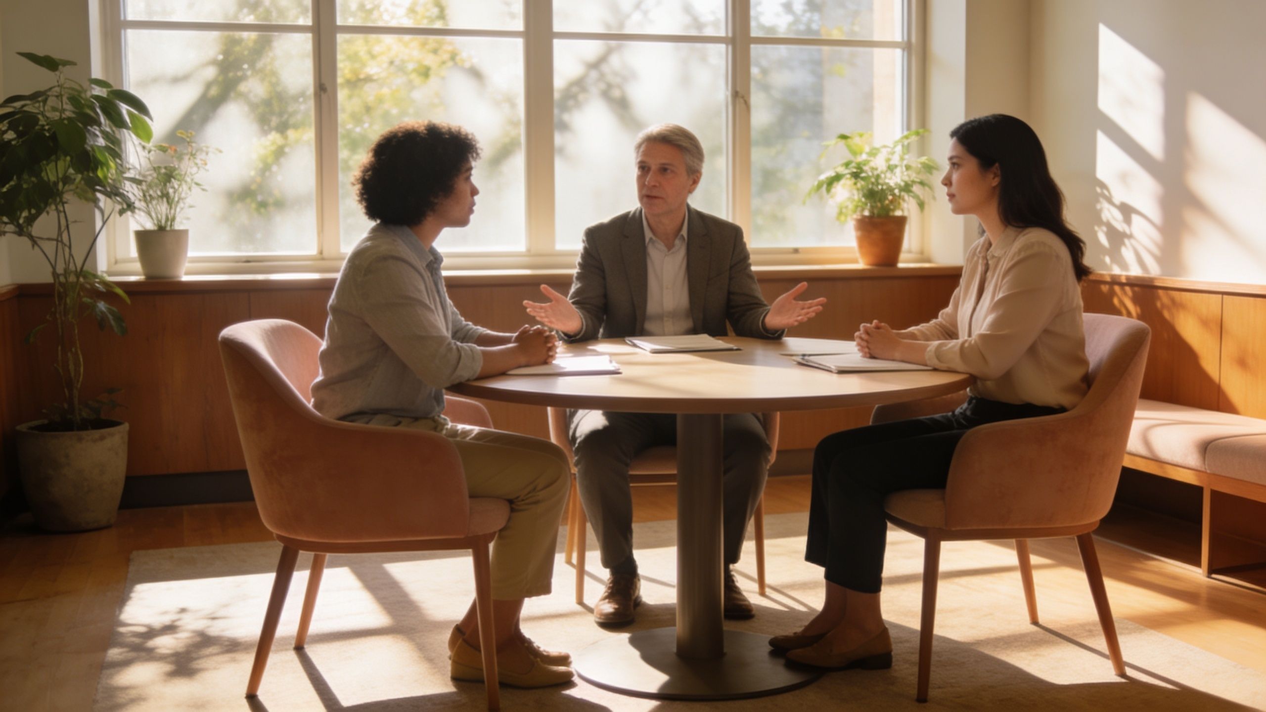A professional meeting between two women and a man sitting around a round table in a sunlit office.