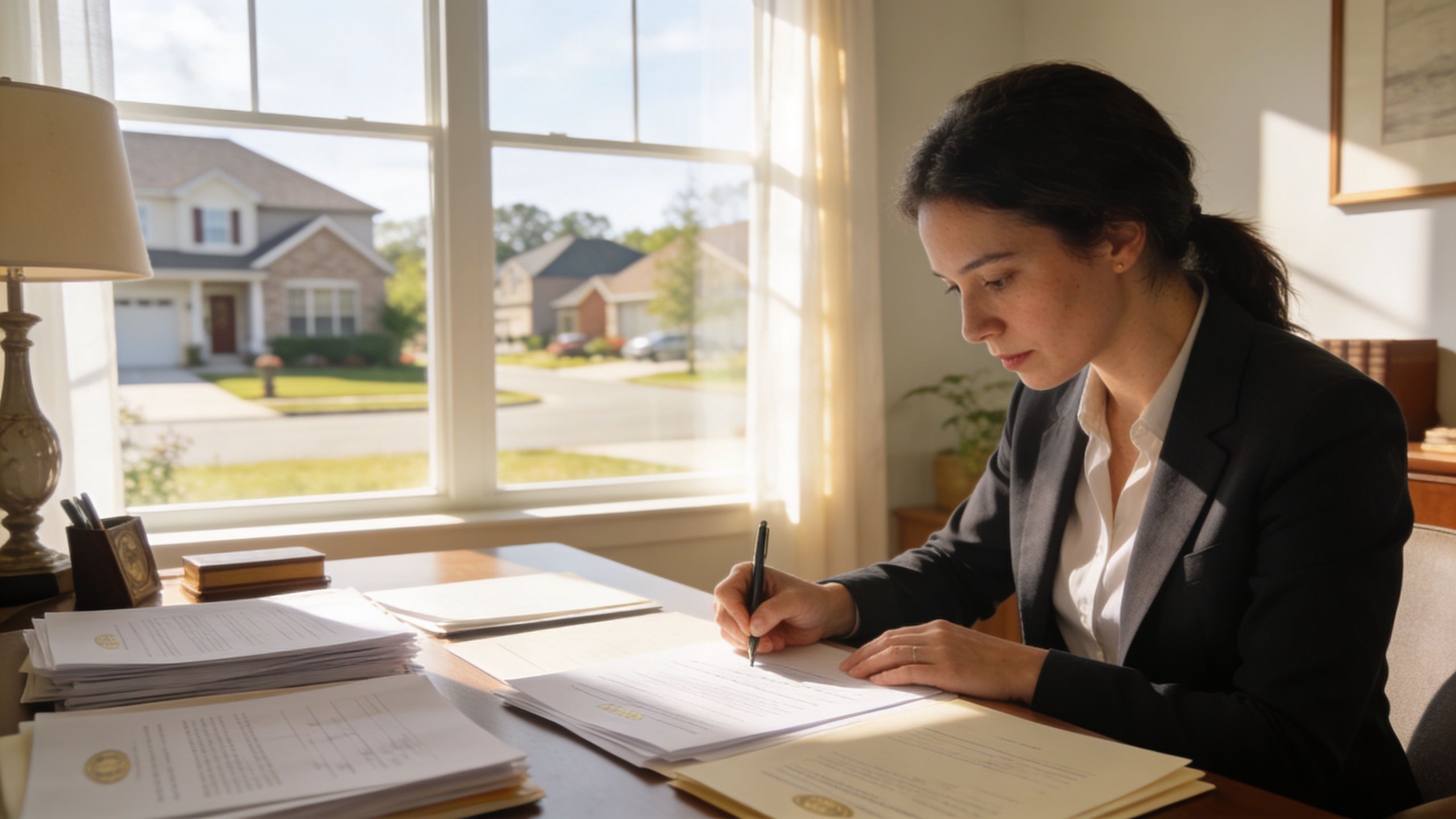 A professional woman in a suit sitting at a desk and signing legal documents near a window.