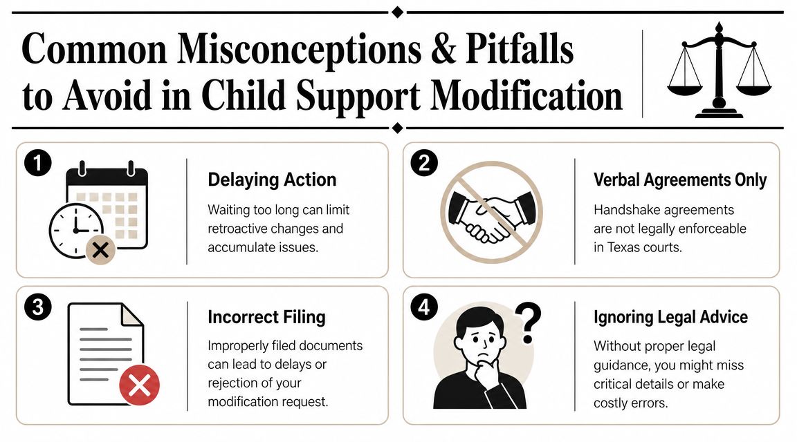 An infographic detailing four common misconceptions and mistakes to avoid when modifying child support in Texas.