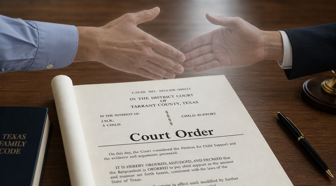 A legal document titled Court Order for child support in Tarrant County, Texas sits on a desk.