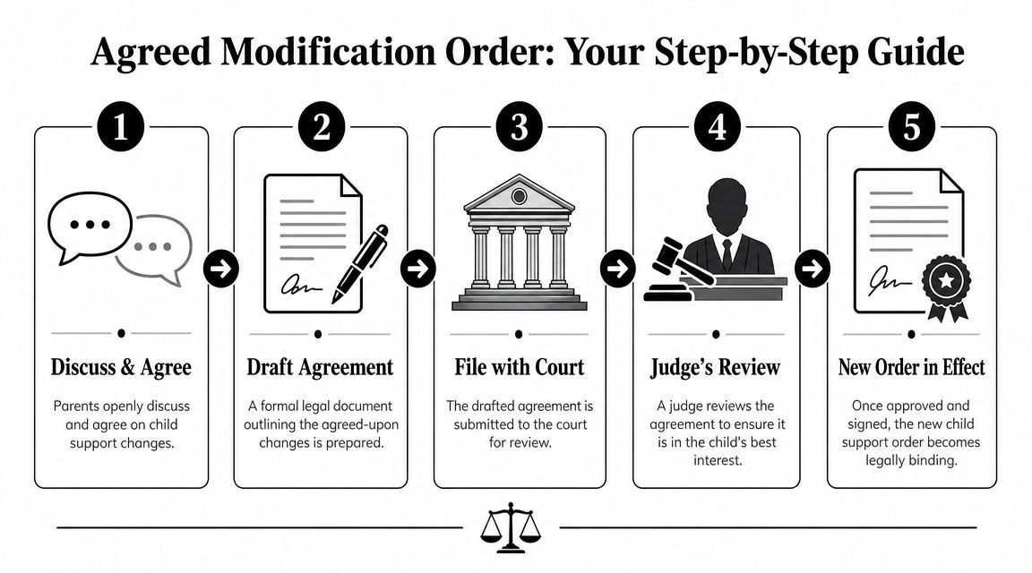 A five-step infographic showing how parents can legally modify child support orders through the court system.