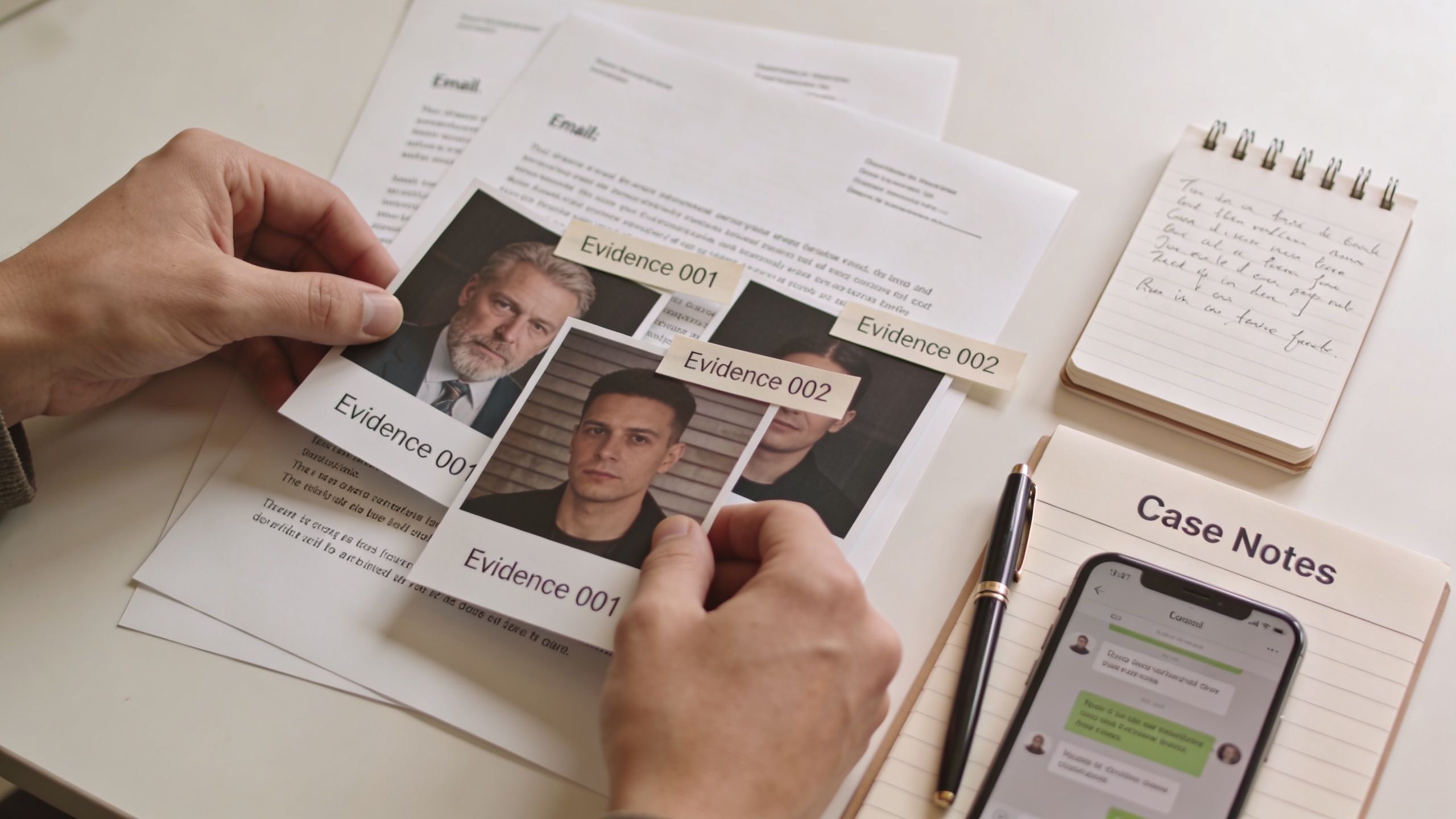 A person organizing investigative evidence including suspect photographs, emails, and case notes on a desk.