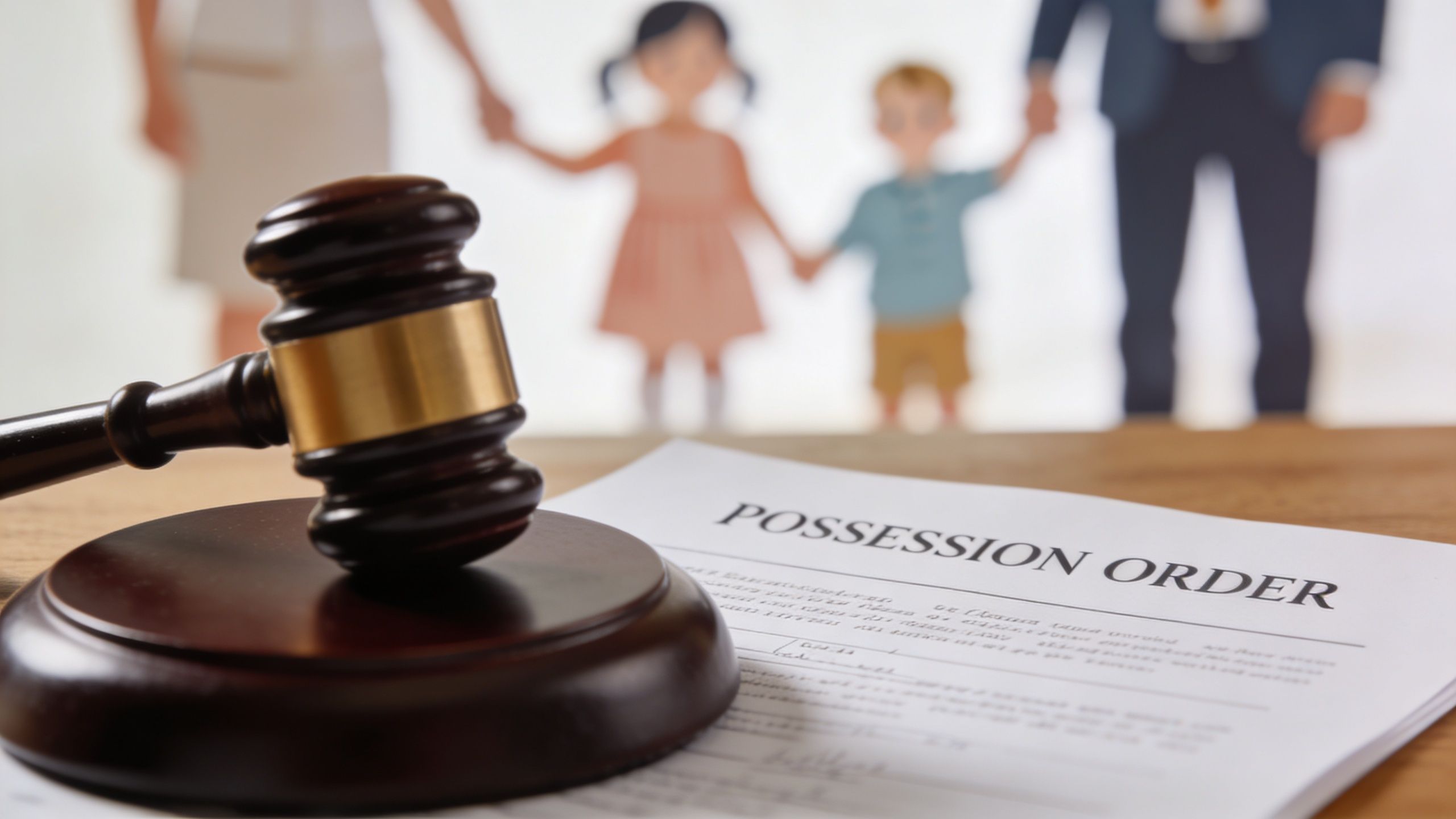 A wooden gavel resting on a legal document titled possession order with a blurred family background.