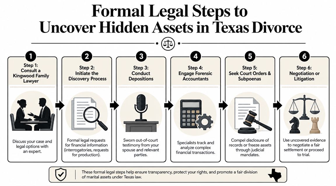 A six-step infographic detailing the legal process for uncovering hidden marital assets during a Texas divorce.