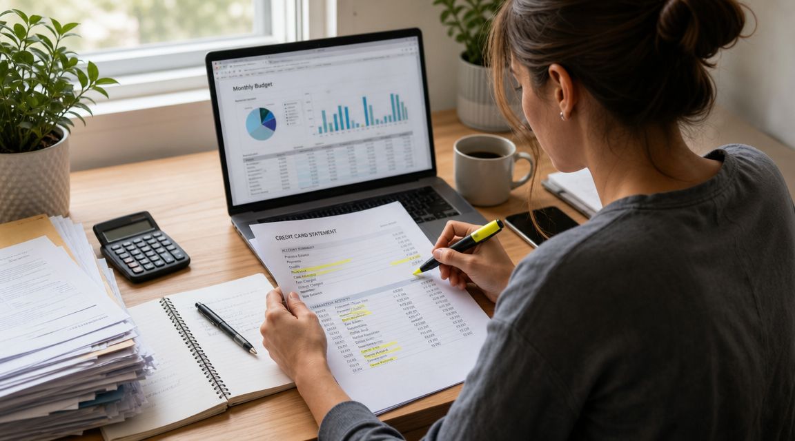A woman reviewing her credit card statement at a desk while working on a monthly budget spreadsheet.