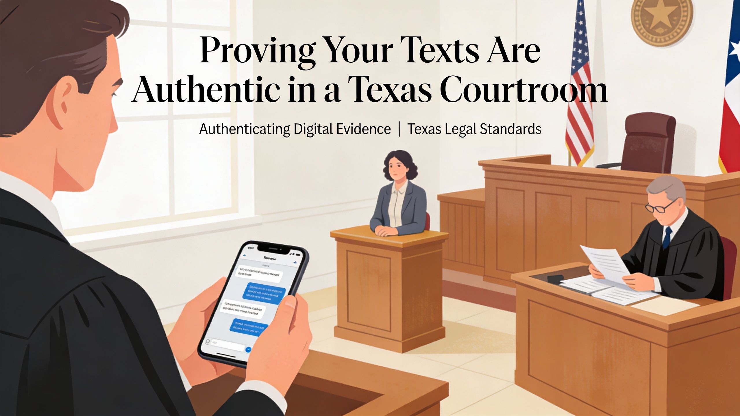 A lawyer presenting text message evidence on a smartphone during a formal Texas courtroom legal proceeding.