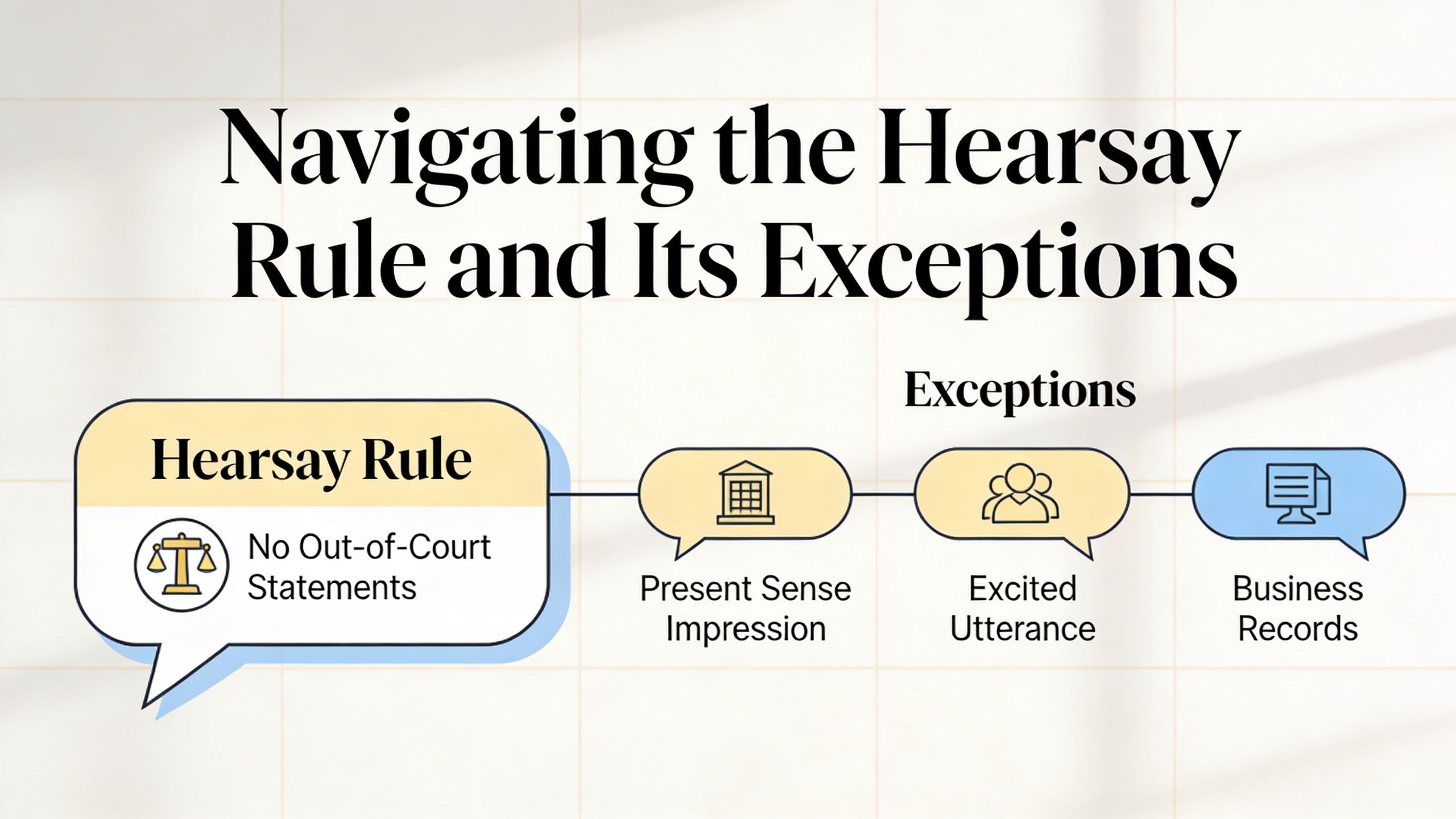 A visual guide explaining the hearsay rule and three common legal exceptions for use in court.