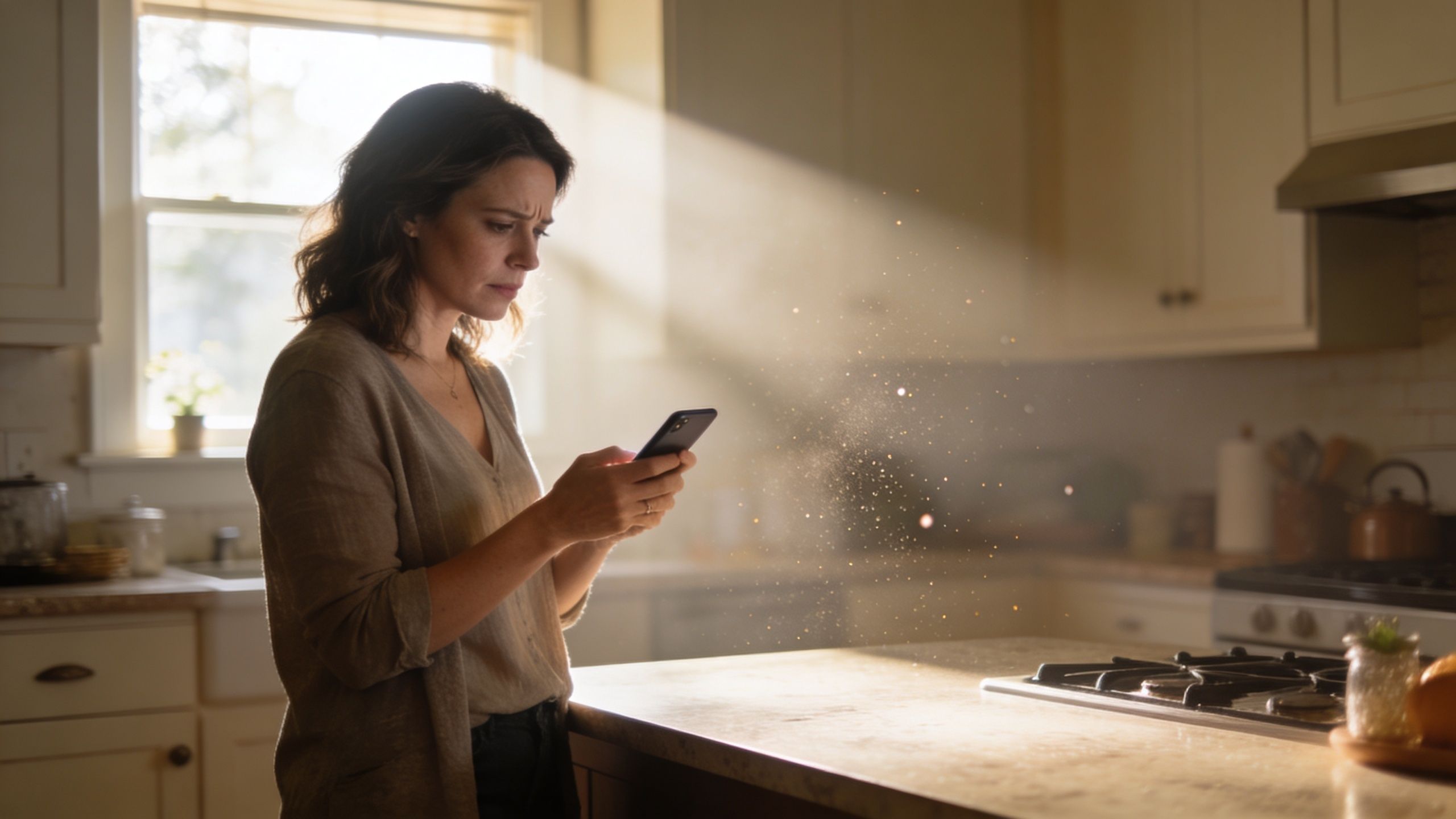 A concerned woman standing in a kitchen looking at her smartphone during a sunlit afternoon.