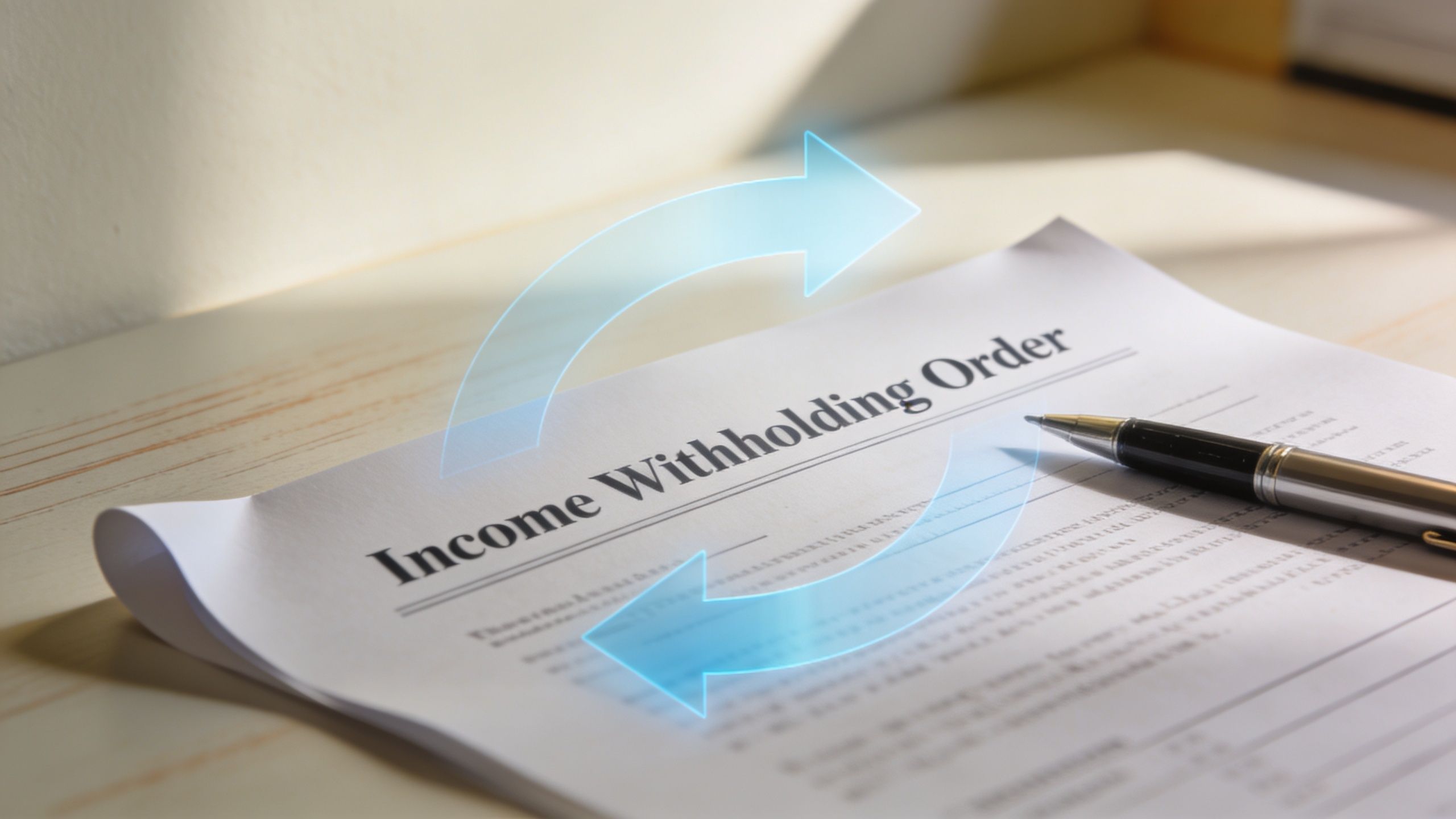 A document titled Income Withholding Order on a wooden table with a pen and a digital arrow graphic.