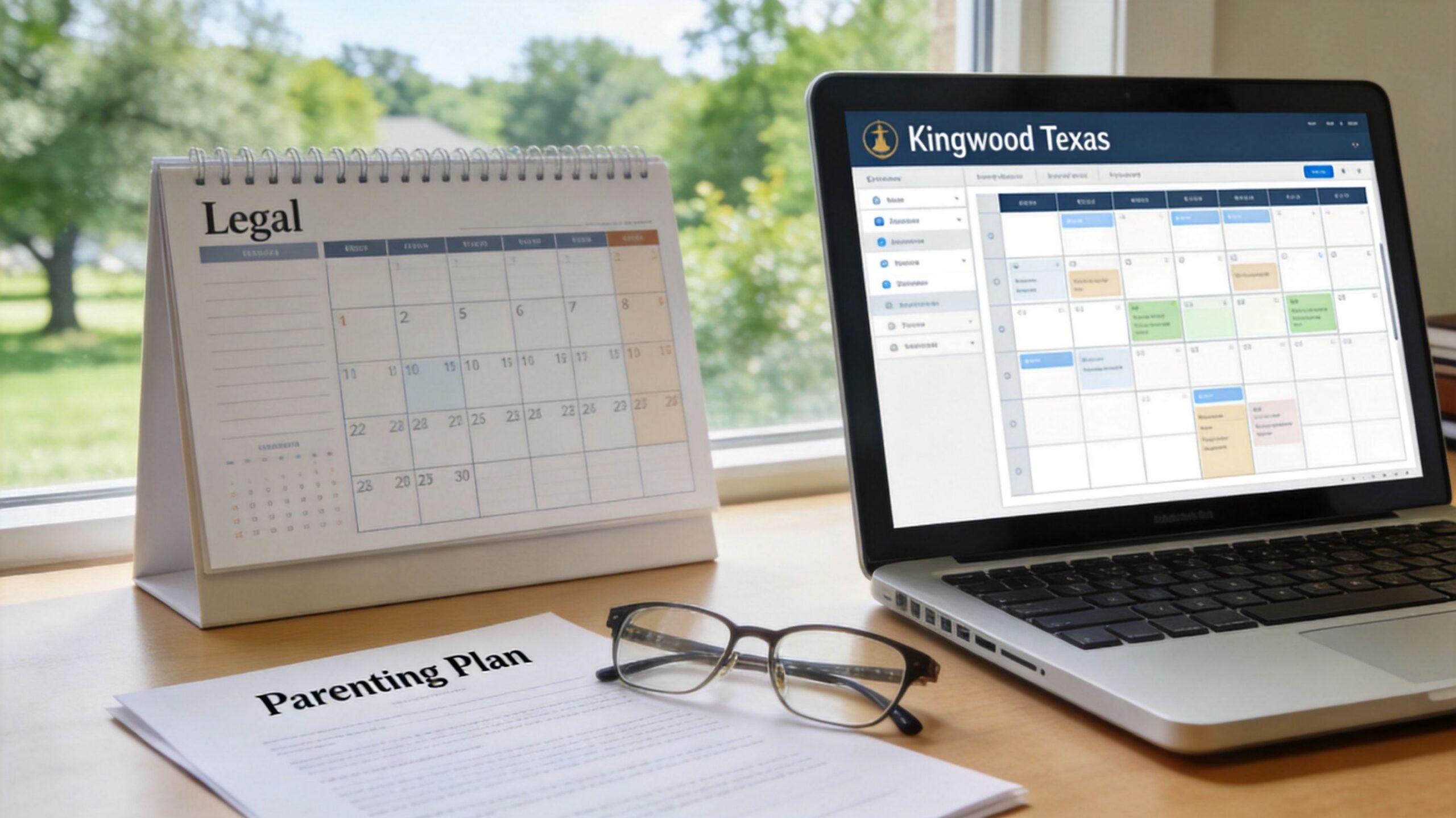 A legal calendar, a parenting plan document, and a laptop displaying a scheduling interface on a desk.