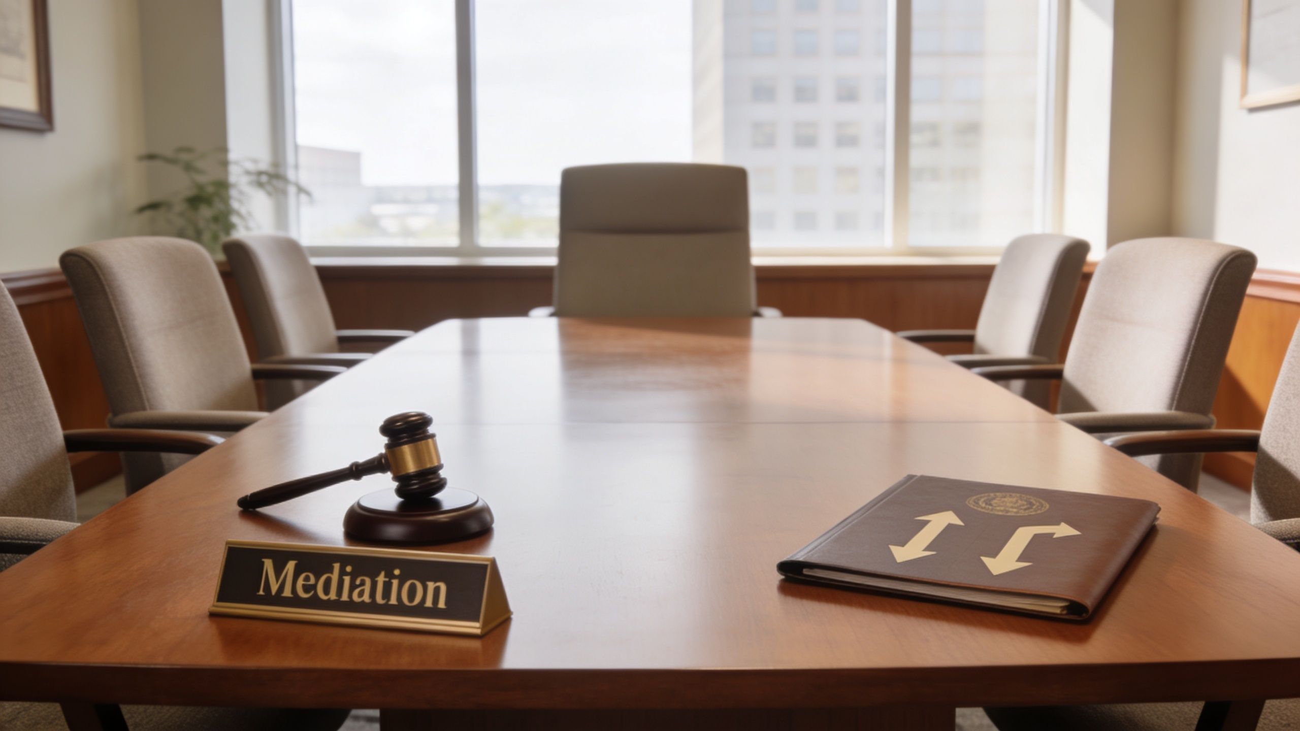 A wooden table in a mediation room with a gavel, sign, and a document folder.