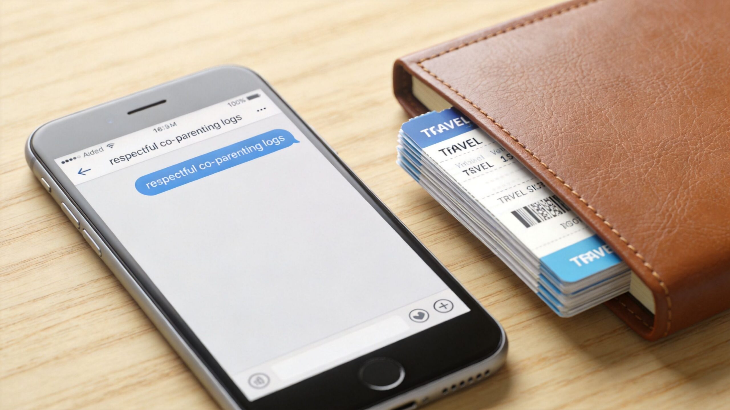 A smartphone displaying co-parenting logs next to a leather wallet containing several travel tickets on a wooden table.