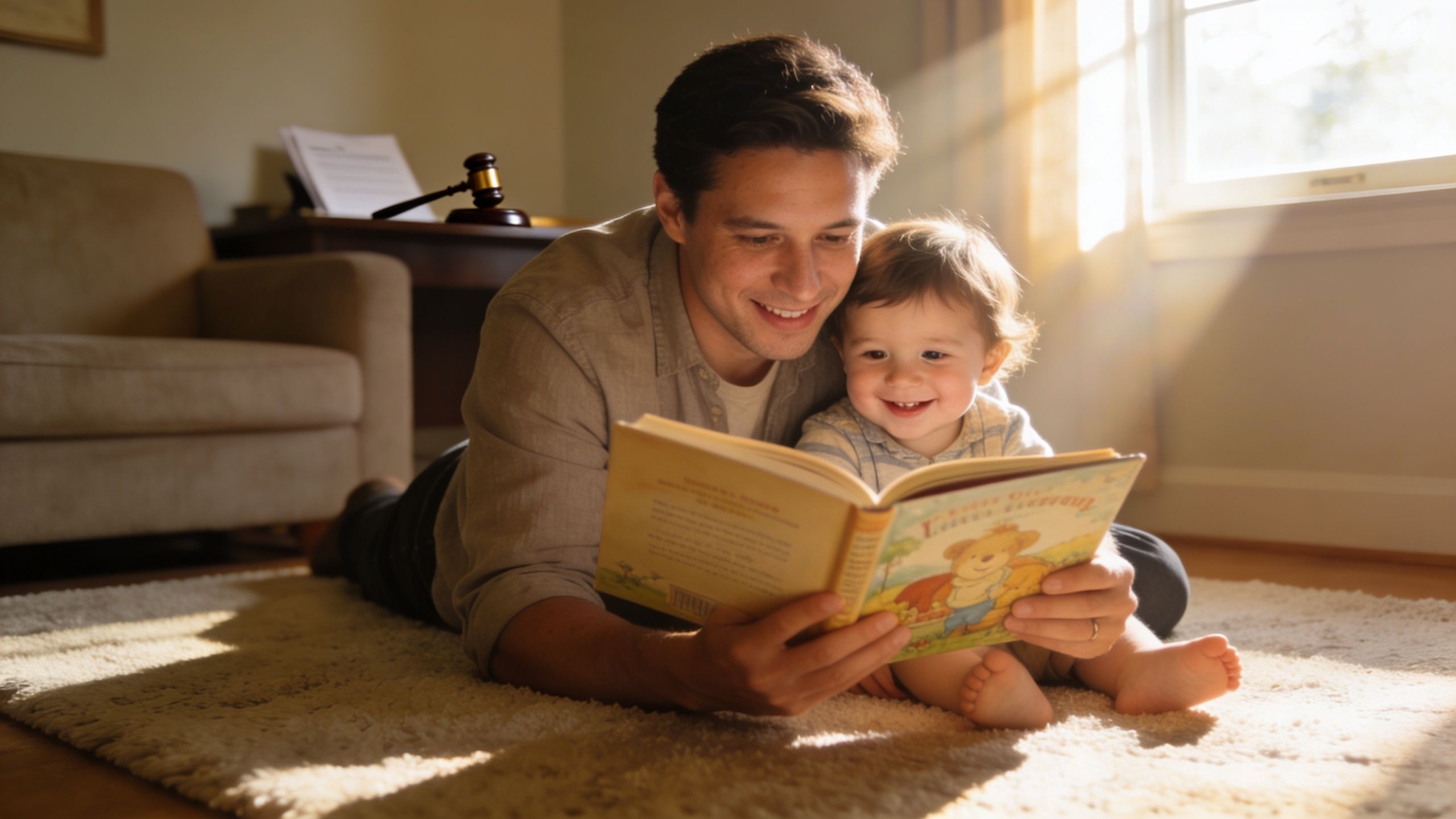 A father reads a book to his young child while lying on a soft rug together.