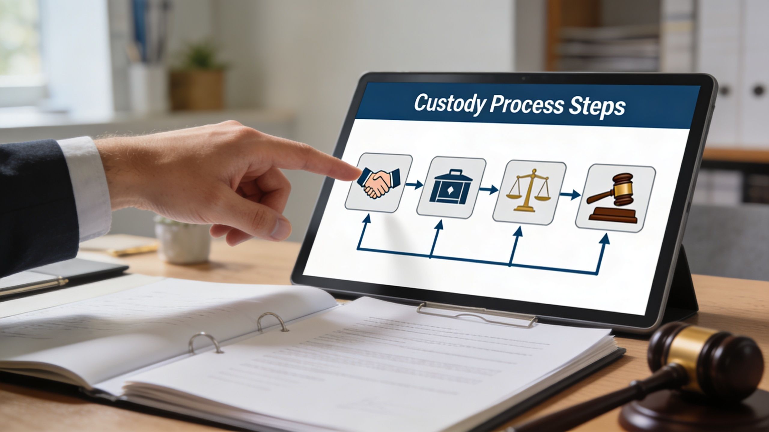 A professional pointing at a digital display showing custody process steps with legal icons on a tablet.