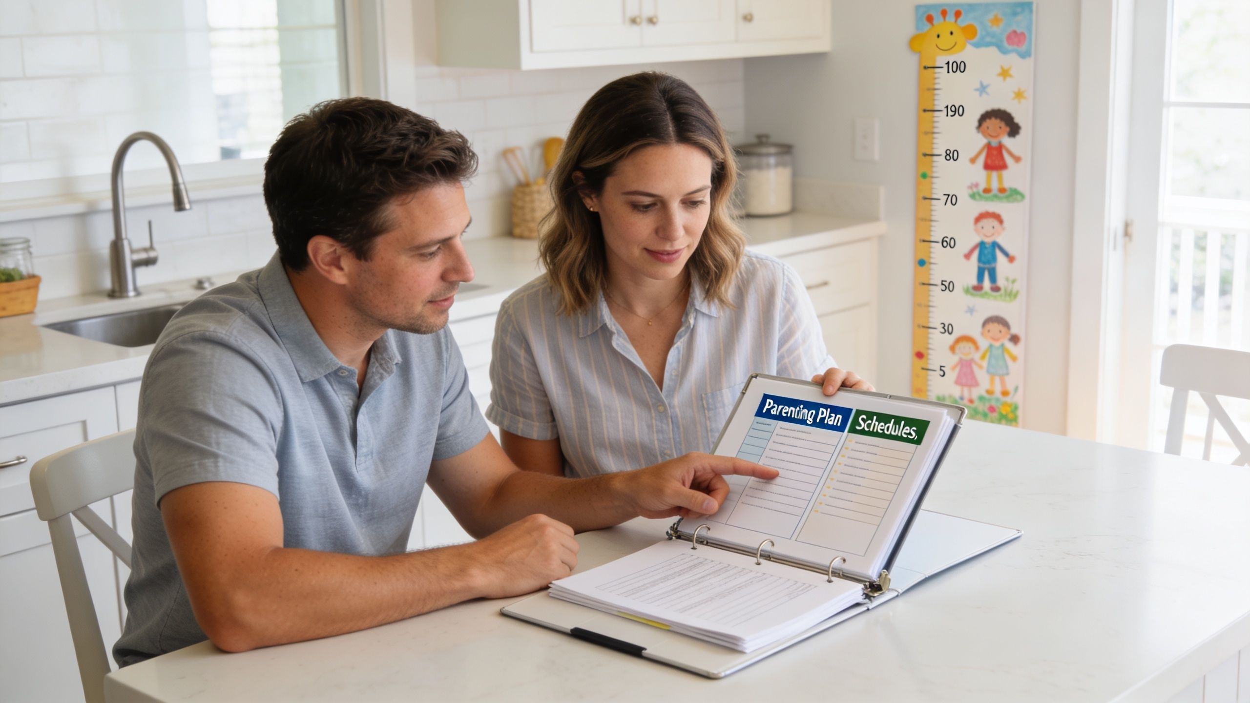 A couple sits at a kitchen table reviewing a parenting plan document together in a binder.