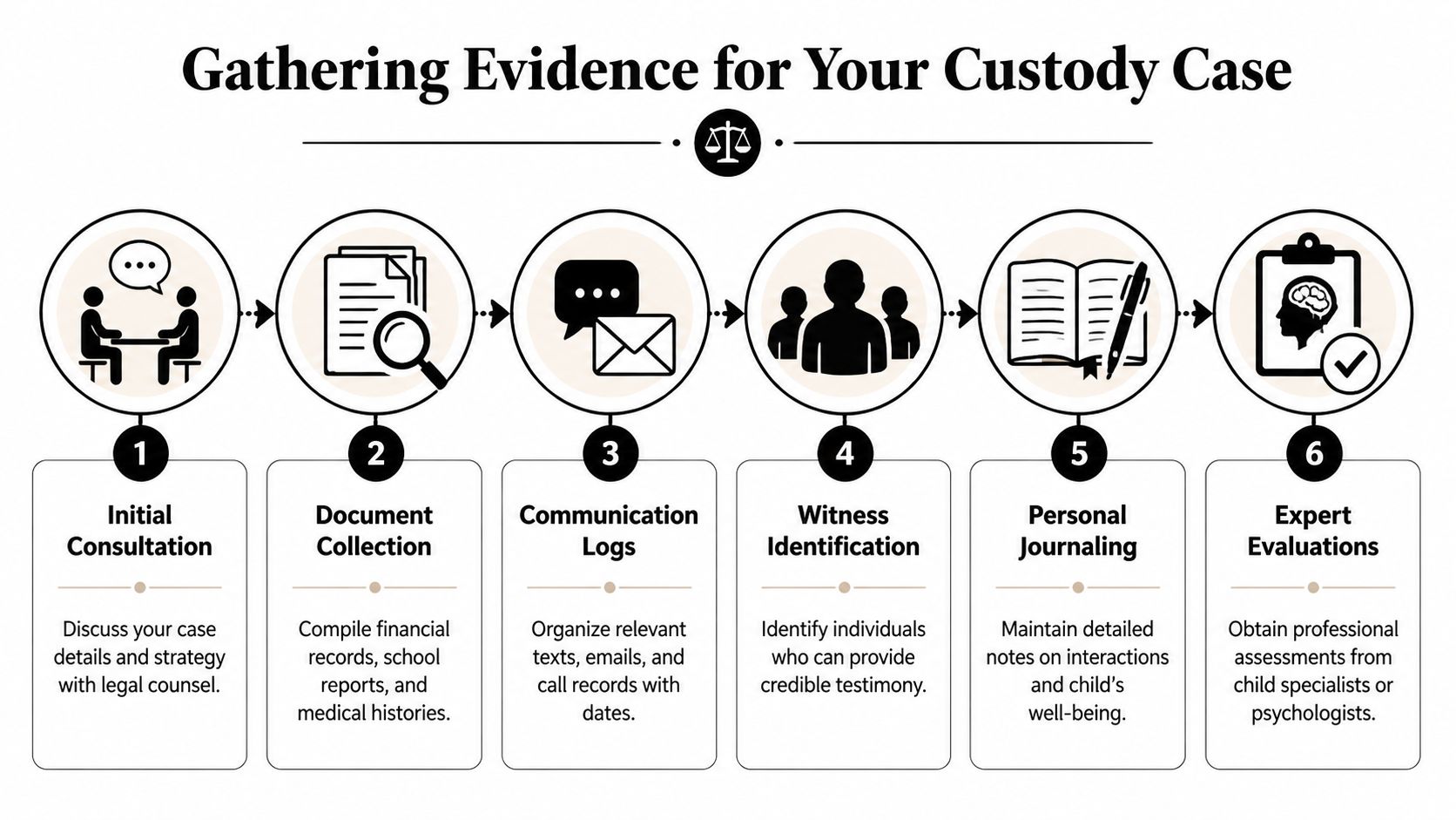 A six-step infographic detailing the process of gathering evidence for a child custody legal case.