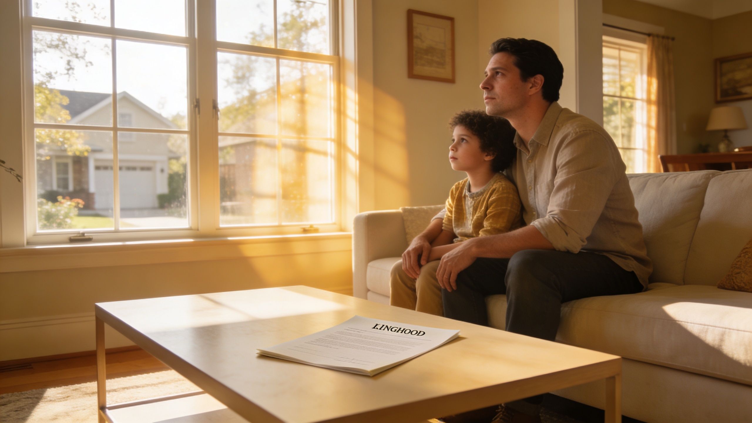 A father and son sitting on a couch in a sunlit room, looking at a legal document.
