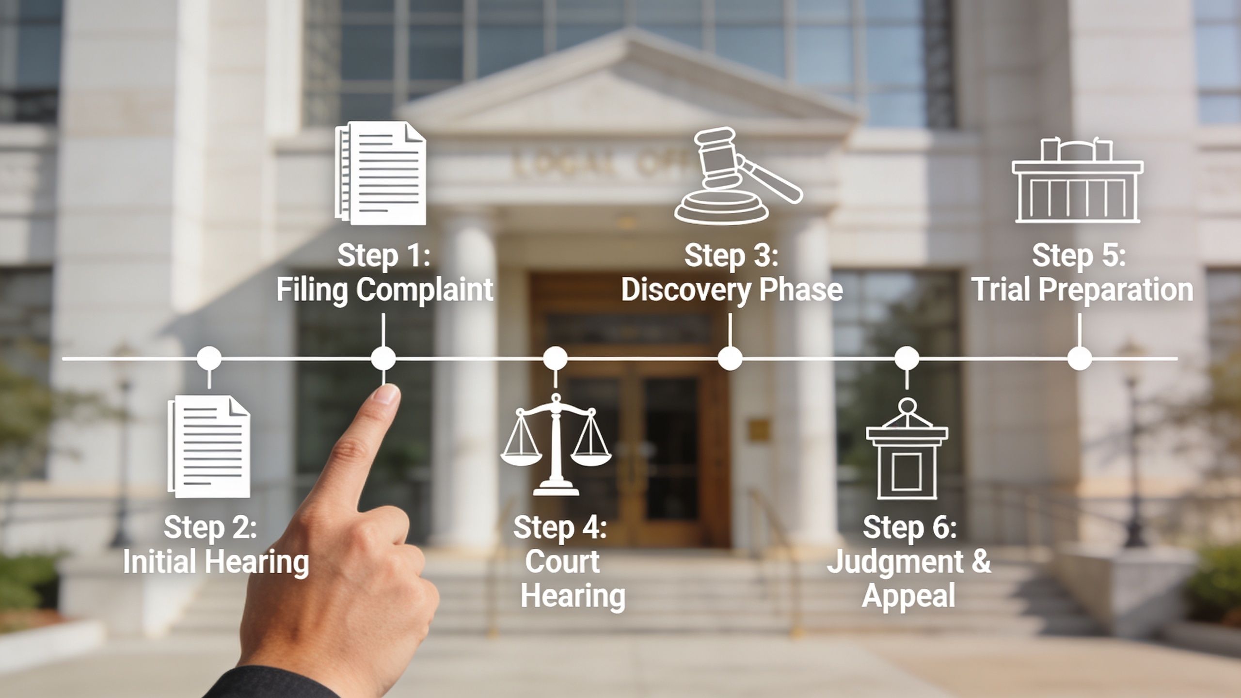 A hand pointing to a legal process infographic showing six steps of a lawsuit on a building background.