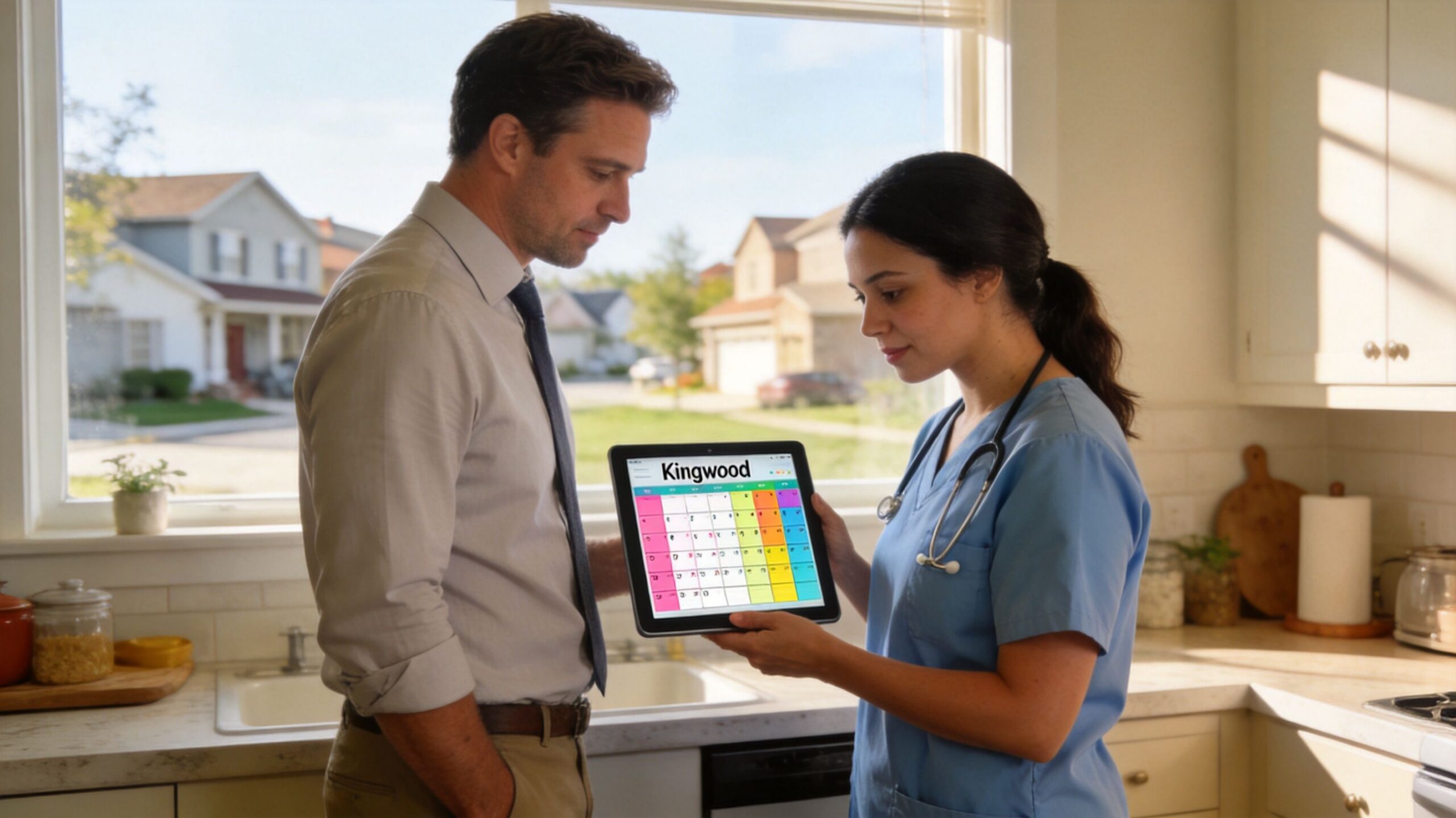 A nurse presenting a Kingwood custody schedule on a tablet to a professional father in a kitchen.