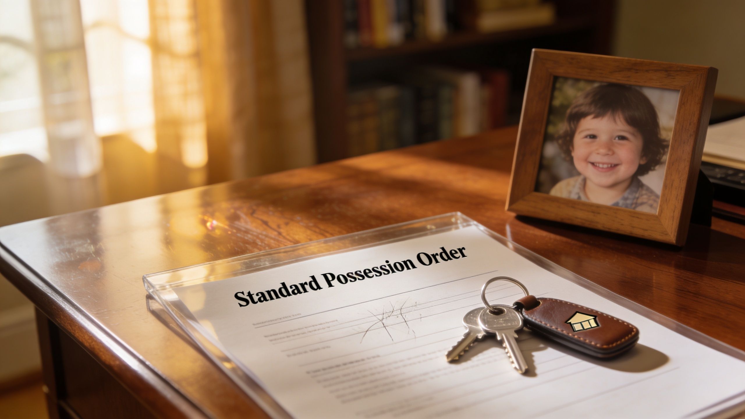 A document titled Standard Possession Order with house keys and a framed photo of a young child.