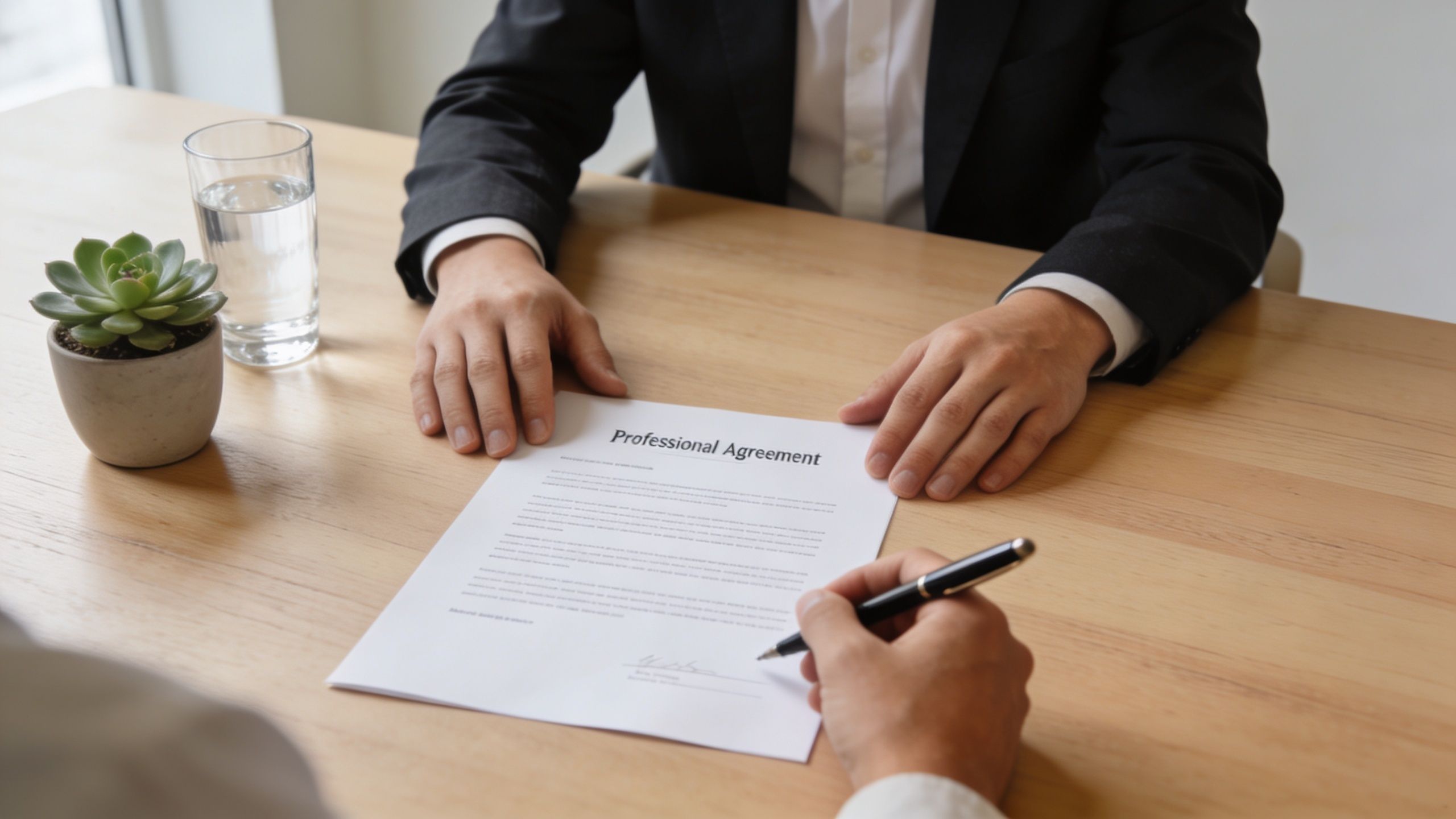 A professional signing a legal agreement at a wooden table with a plant and glass of water.