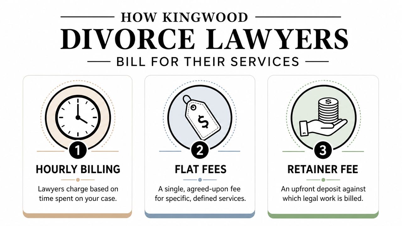 An infographic showing the three common billing methods used by divorce lawyers in Kingwood, Texas.