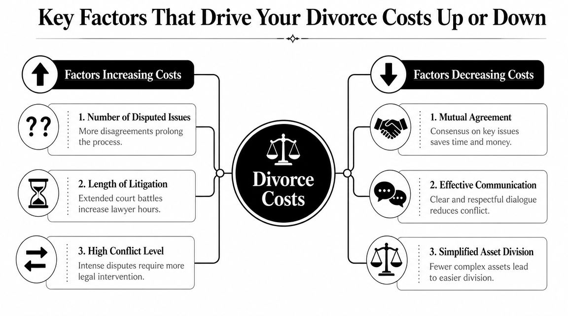 An infographic showing key factors that increase or decrease divorce costs, including litigation and mutual agreement.