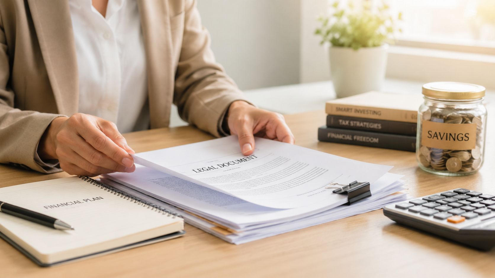 A professional analyzing a legal document for financial planning at a desk with savings and calculator.