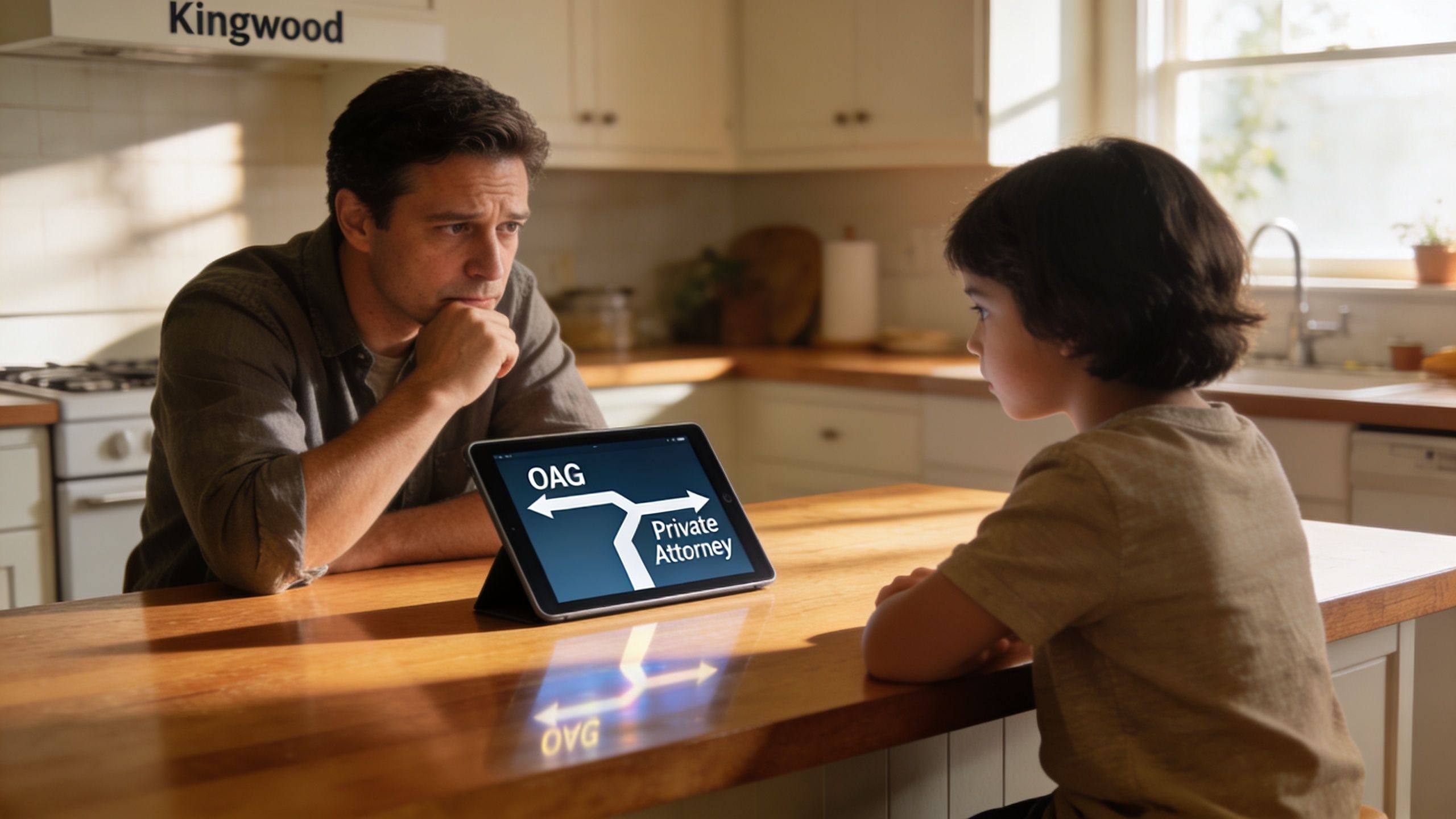 A concerned father sitting with his young son at a kitchen table while looking at tablet options.