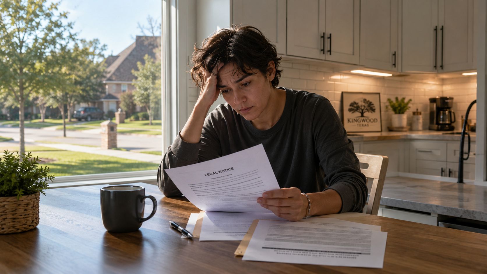 A distressed woman sits at a wooden table in her home reviewing a legal notice document.