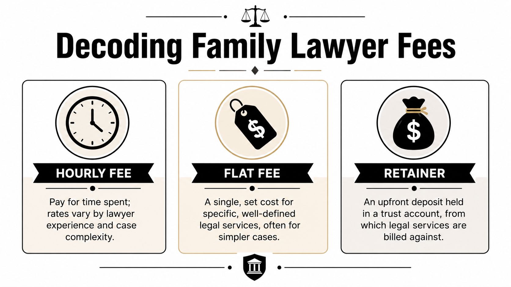 An infographic titled Decoding Family Lawyer Fees explaining hourly fees, flat fees, and retainers in legal billing.