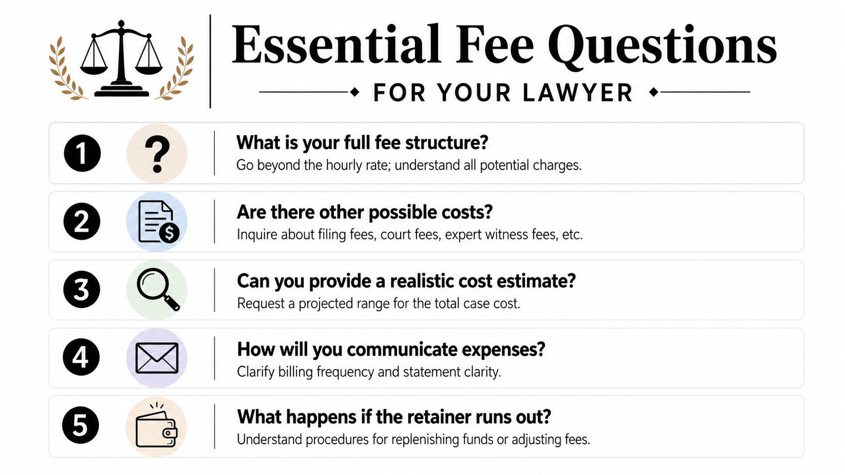 An infographic titled Essential Fee Questions for Your Lawyer outlining five important questions to ask regarding legal costs.