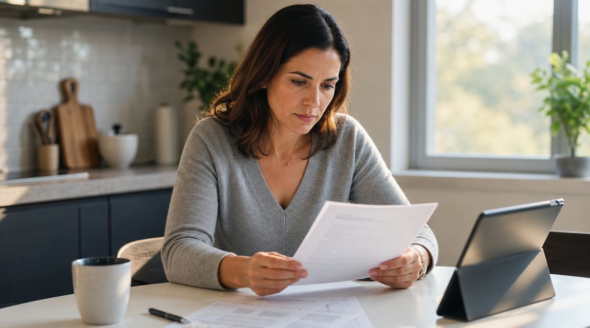 A woman reviewing legal documents at a kitchen table while using a digital tablet for work.