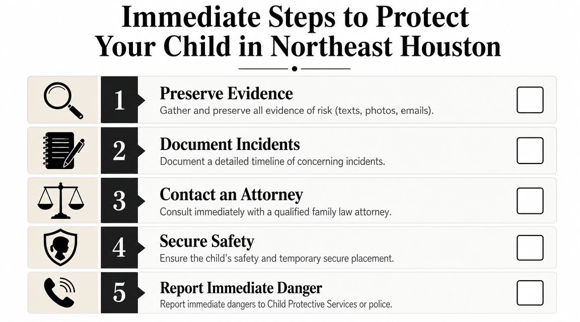 A checklist for protecting children in Northeast Houston, including steps like preserving evidence and contacting authorities.