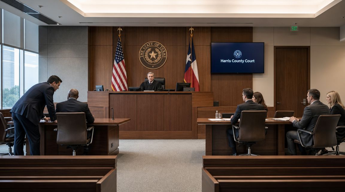 A judge presiding over a Harris County courtroom with legal counsel sitting at tables during proceedings.