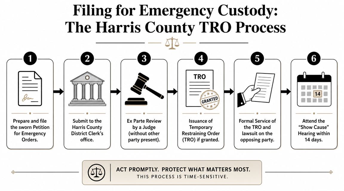 A six-step infographic detailing the legal process for filing an emergency custody temporary restraining order in Harris County.