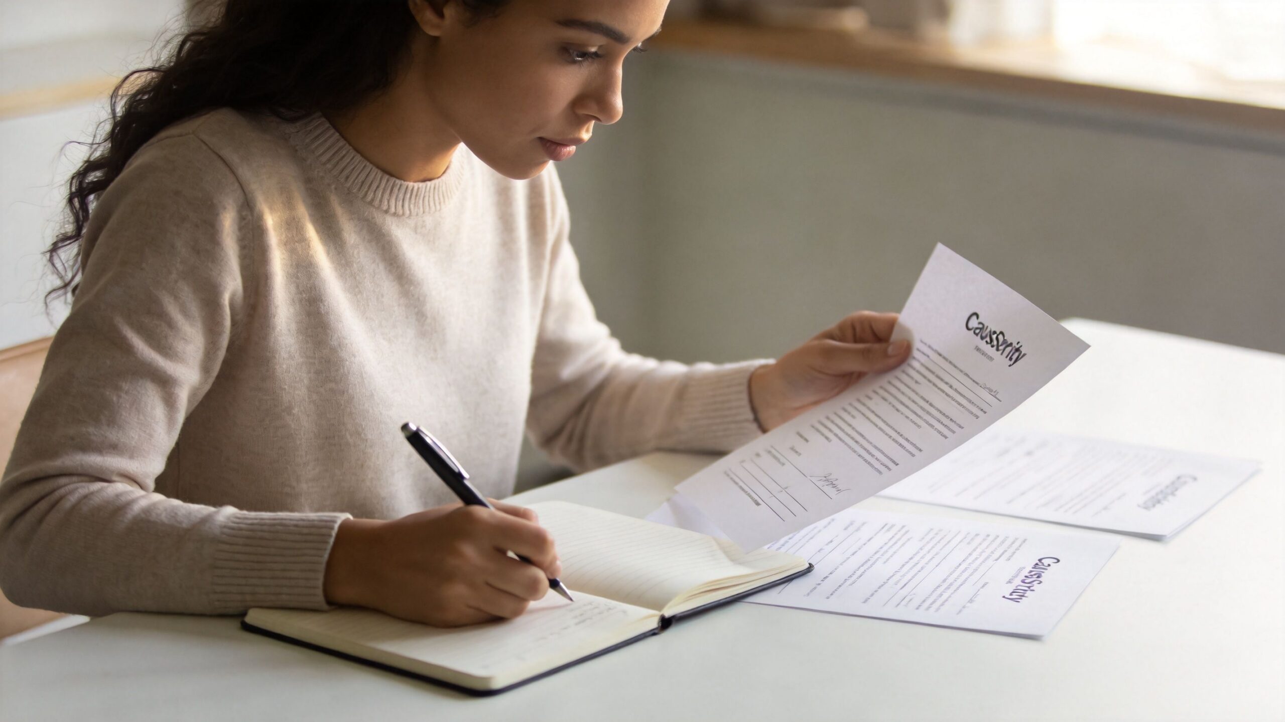 A woman reviewing legal documents and taking notes in her journal at a desk in an office.