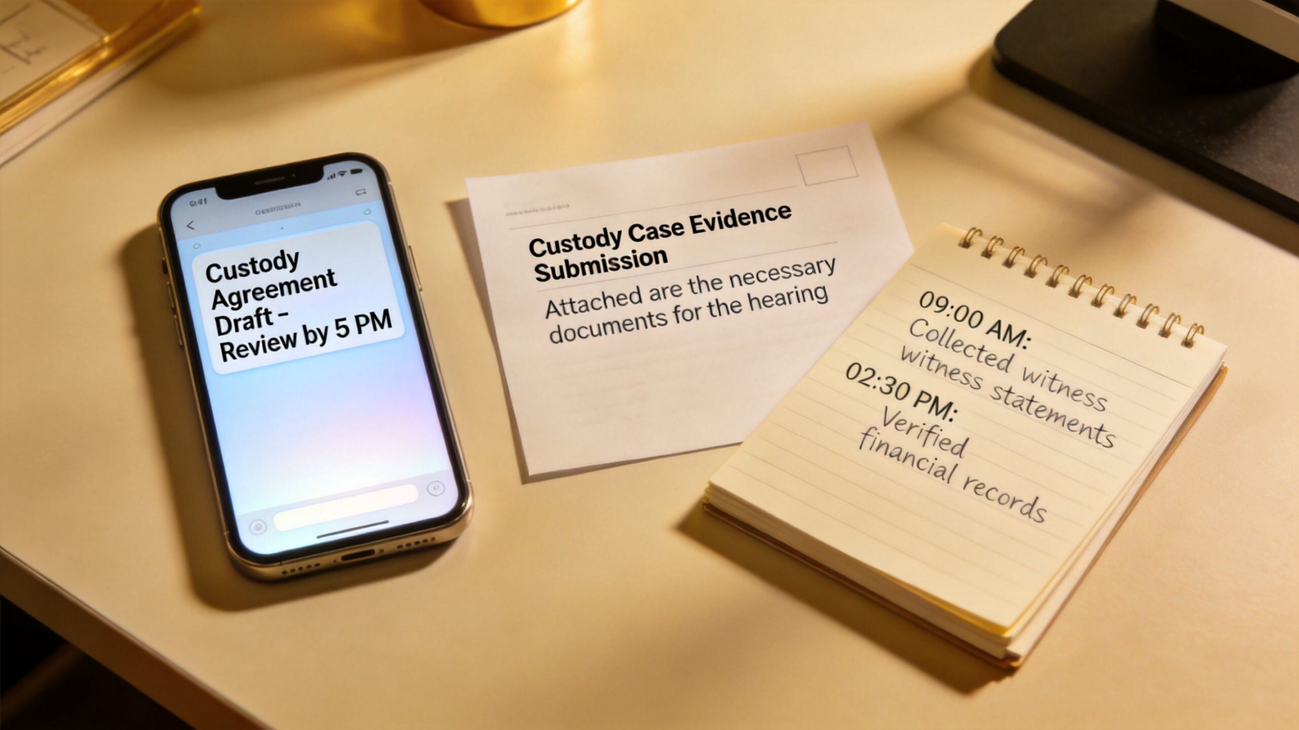 A smartphone, a document titled Custody Case Evidence Submission, and a notepad with legal tasks on a desk.