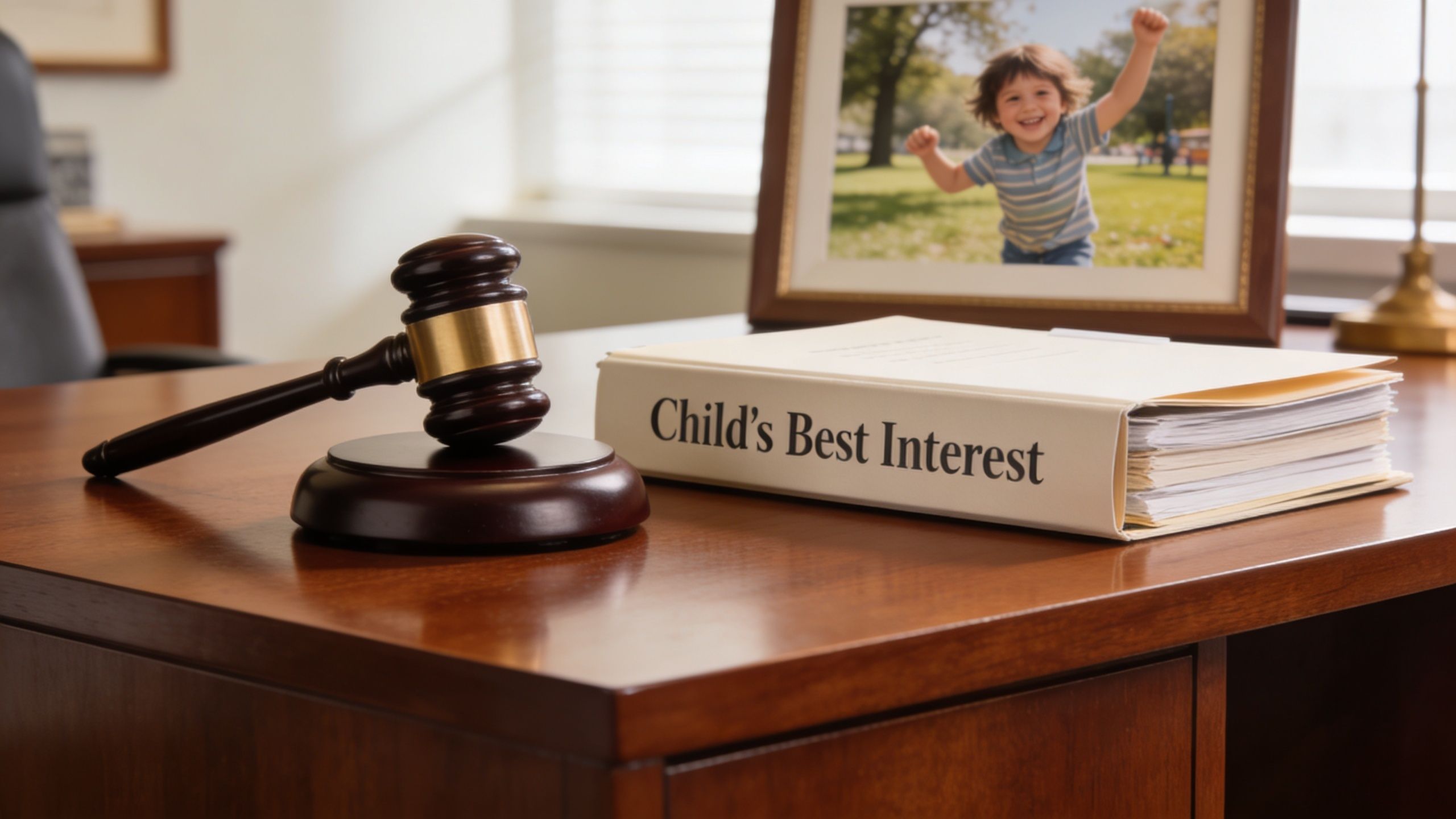 A wooden judge's gavel rests beside a binder labeled Child's Best Interest on a mahogany desk.
