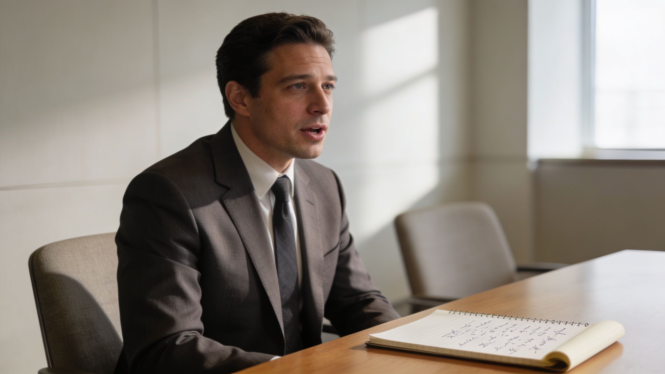 A professional man in a suit sitting at a table with a notepad during a legal meeting.