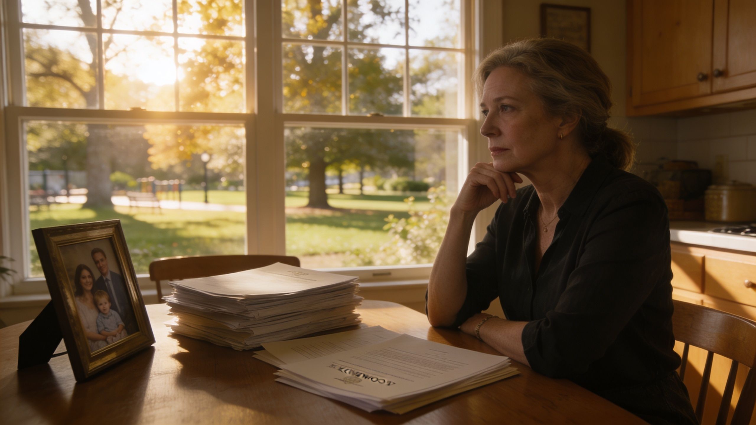 A pensive middle-aged woman sits at a wooden table looking at documents with a family photograph nearby.
