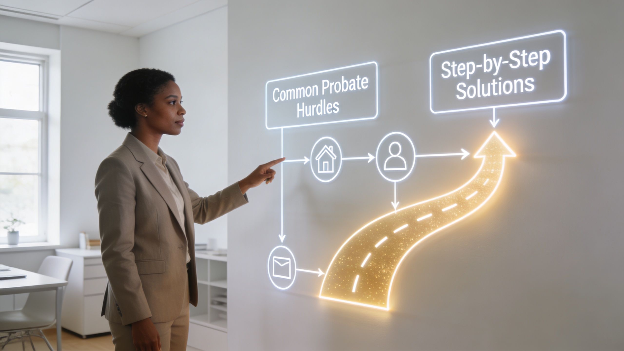 A professional woman interacting with a digital holographic projection displaying probate process steps on a wall.