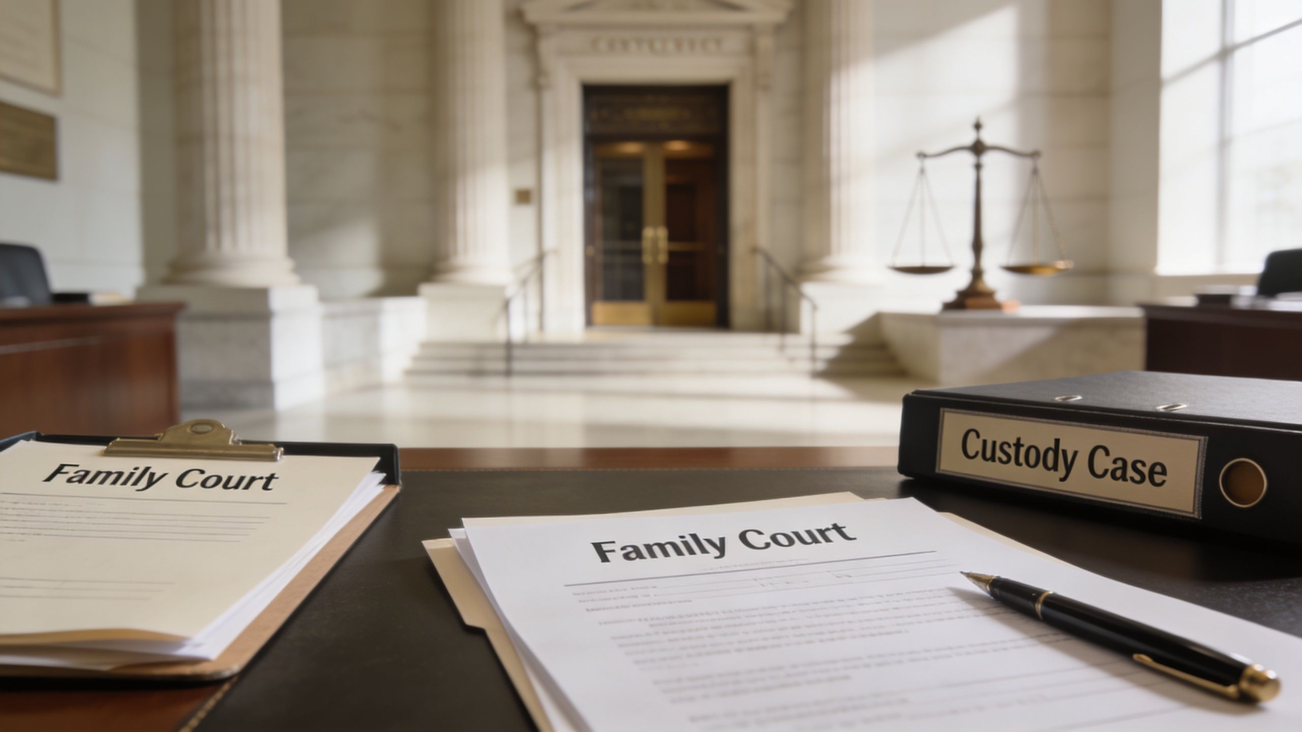 A courtroom desk with legal documents and a binder labeled Custody Case in a family court setting.