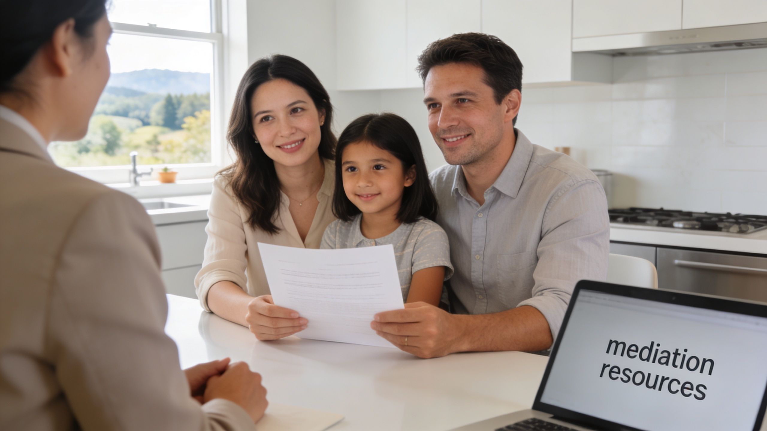 A family consulting with a mediator to discuss childcare arrangements in a bright modern kitchen.