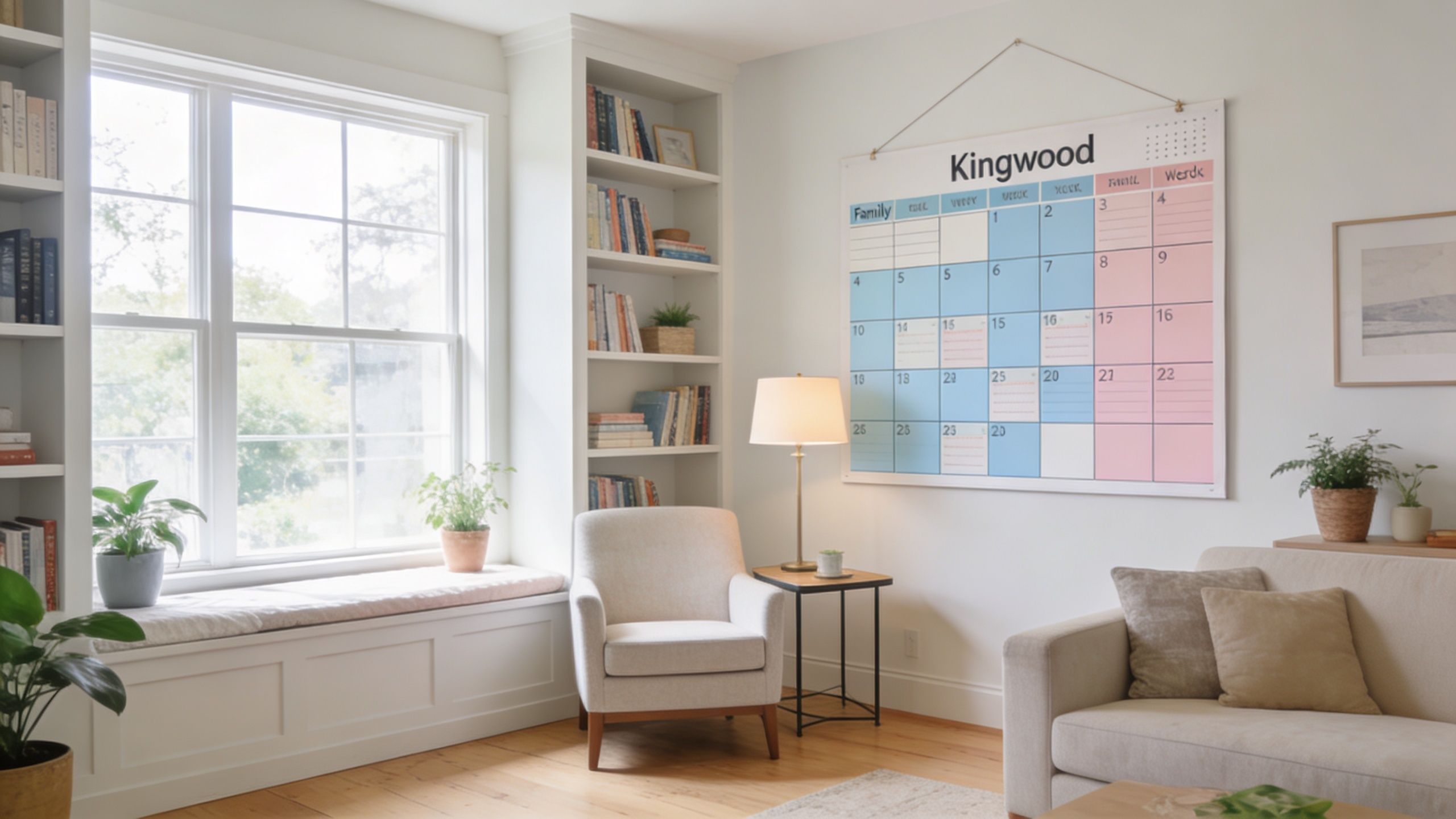 A modern living room featuring a large wall-mounted calendar to help manage a family custody schedule.